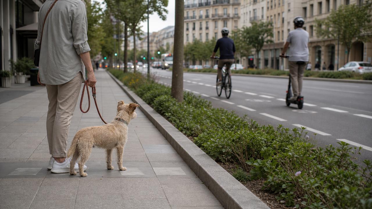 Perro con correa junto a una acera separada de bicicletas y un patinete por una franja de arbustos.
