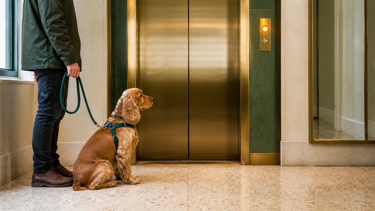 Perro con arnés y correa esperando a un lado de las puertas cerradas de un ascensor.
