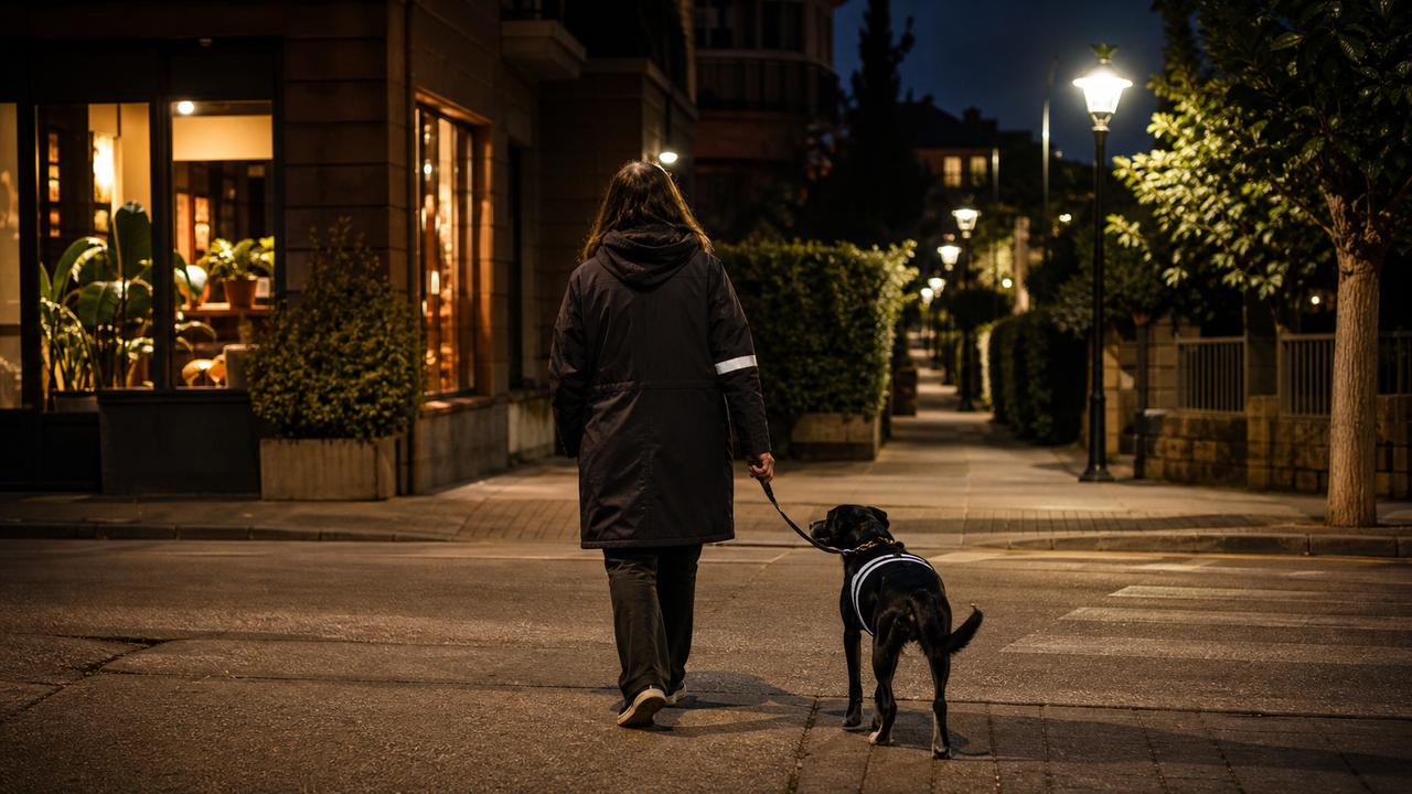 Persona con un detalle reflectante y perro con arnés y correa cruzando un paso de peatones iluminado de noche.