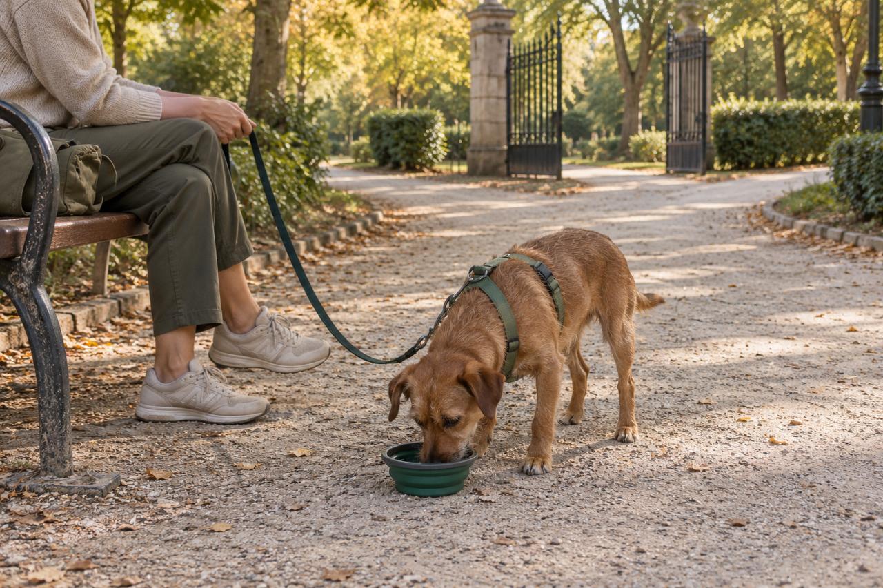 Perro con arnés y correa descansando junto a un cuenco y un banco, con dos caminos y una puerta de parque al fondo.
